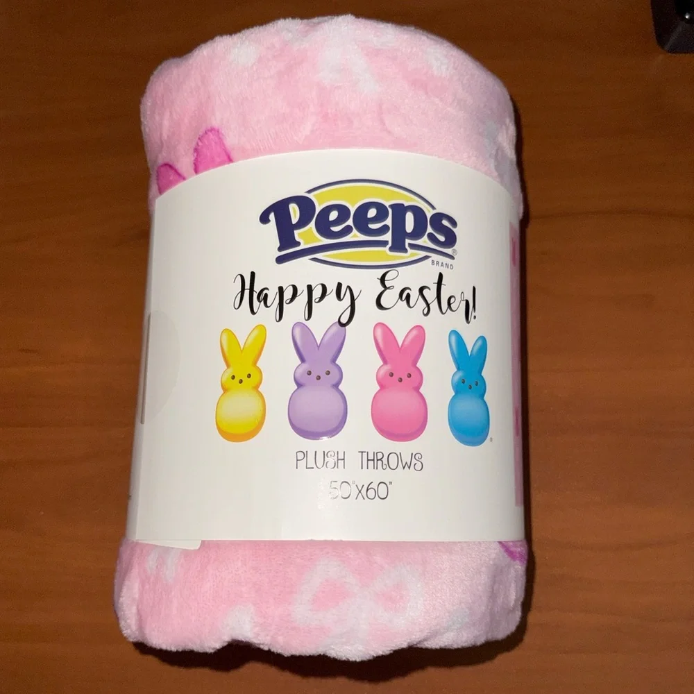 PEEPS Happy Easter Pink Plush Blanket / Throw with Bunnies, Bows and Dots.